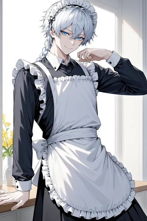 1boy, solo, apron, blue eyes, braid, closed mouth, collared shirt, long sleeves, maid, maid headdress, male focus, pale skin, shirt, smile, yellow eyes, zettai ryouiki, masterpiece, best quality