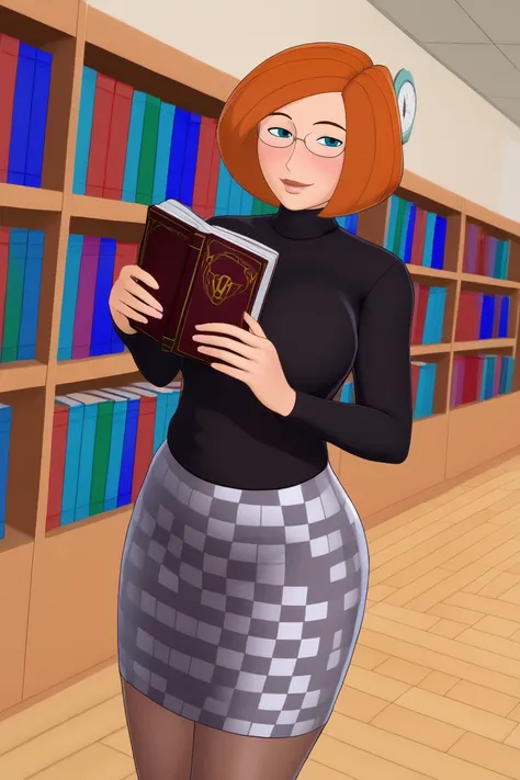 <lora:knightoflove-guy-PONYv1:1>, 1girl, solo, looking at viewer,   <lora:annpossible-guy-PONYv1:0.9> annpossible, turtleneck sweater, black sweater, checkered skirt, glasses, library, pantyhose, smile, breasts, mature female, blush, holding book, head til...