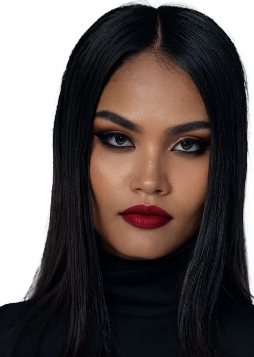 half body of A captivating masterpiece of an woman, (((dressed in a turtleneck Blouse))), The intricate lace and gold details exude a very rebellious aura. ((A bold and daring makeup look featuring ombre lips that transition from a deep, dark red at the ce...