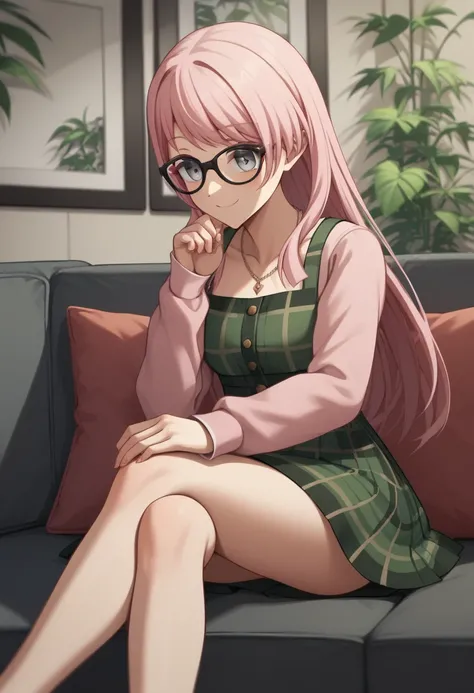 score_9,score_8_up,score_7_up,<lora:chihaya_anon_pony:1>,1girl, solo, 3d, indoors, sitting, smile, glasses, necklace, long_sleeves, chihaya_anon, couch, plant, plaid_dress