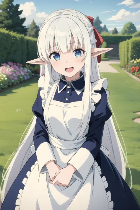 Nephelia, 1girl, pointy ears, blue eyes, very long hair, white hair, elf, apron, maid, collar, braid, dress, long sleeves, frills, blunt bangs, hair ribbon, pov, selfie, v, :D, outdoors, garden, flowers, day, blue sky, <lora:Madome - Nephelia R1:0.8>