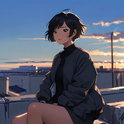 (sketch:1.1), (masterpiece), LowKeyLights,1girl,solo,short hair,black hair,long sleeves,sitting,jacket,outdoors,sky,
 <lora:low_key_lights_XL:0.8>