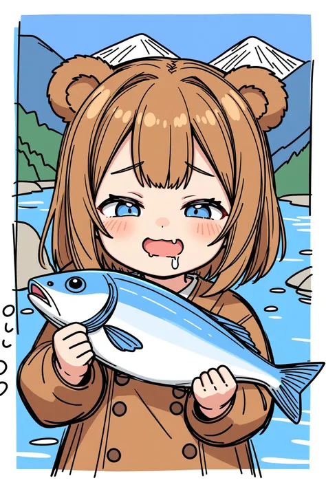 little cute bear girl, holding fish, smug face, drooling, close-up,  mountain, river, sketch