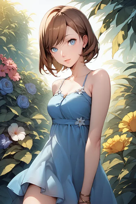 score_9, score_8_up, score_7_up, 1girl, :>, looking at viewer, dark_brown hair, side-swept_bangs, blue eyes, medium breasts, half-dress, Summers_Darling (flower), blue_background <lora:Soejima_Shigenori_PonyXL_style_v01:1>