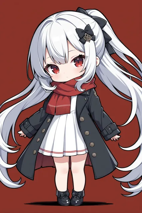 1girl, solo, black coat, bow, chibi, coat, hair ornament, long hair, looking at viewer, pleated skirt, red background, red eyes, scarf, skirt, white dress, white hair, masterpiece, best quality