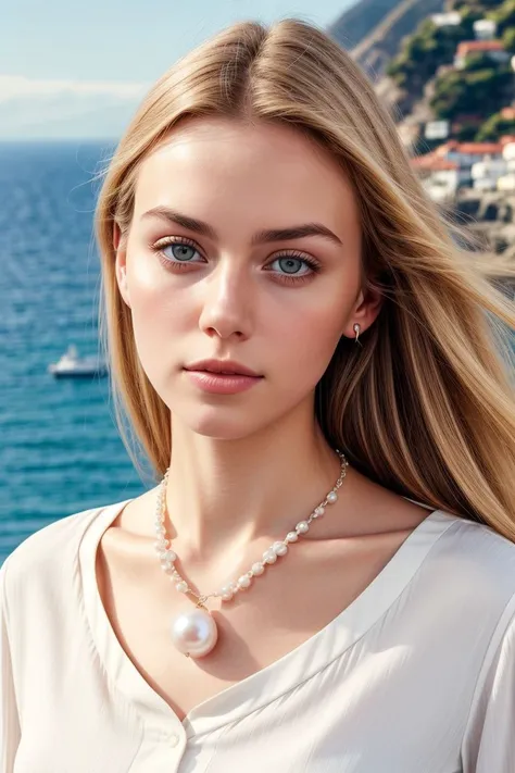 European woman, closeup, (shirt), pants, (catalina island), pearl necklace , ZM_adriana, wide shoulders, perfect face, (contact iris: 1.1), pale skin, skin pores , depth of field