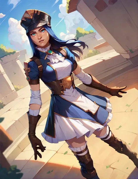 cat_k, <lora:caitlyn:0.7>, 1girl, blue hair, long hair,uniform, cap, sleeves, gloves,  looking at viewer,full body, skirt, boots  score_9, score_8_up, score_7_up,score_9, score_8_up, score_7_up,