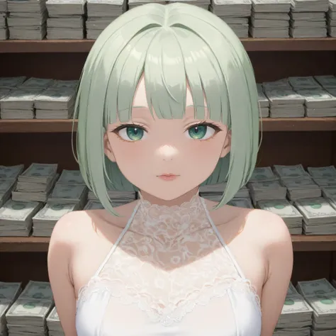 1girl, solo, finger on lips, shushing, stacks of money in the background, light green hair, green eyes, bob cut, white dress, lace trim, upper body, vault