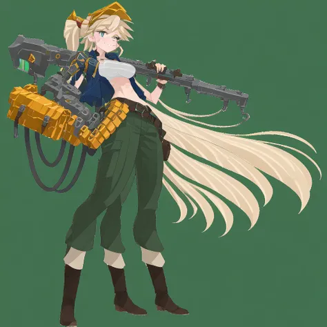 ultra detailed anime artwork,a cartoon character holding wrenches and wearing green pants and a blue shirt, 1girl, solo, green eyes, blonde hair, wrench, smile, gloves, ponytail, navel, breasts, long hair, green pants, belt,an animated cartoon woman holdin...