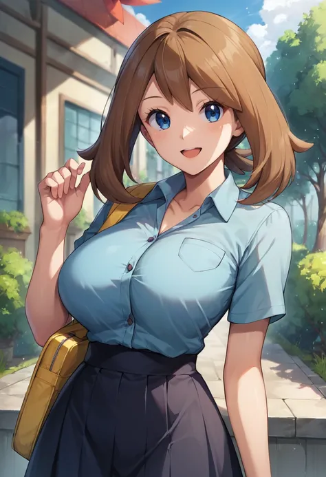 masterpiece,best quality, highly detailed, score_9, score_8_up, score_7_up, score_6_up,<lora:xl_more_art-full_v1:0.8>,source_anime,
BREAK
 <lora:mayXL:0.8>may, 1girl, solo, may (pokemon), brown hair, skirt, blue eyes, smile, open mouth, breasts,  hand up, ...