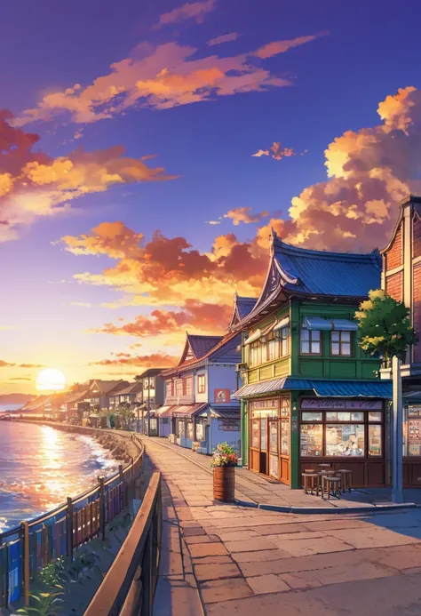 Seaside town at sunset, anime style digital art, vibrant market streets and ocean views, tags: seaside town, sunset, anime style, vibrant market streets, ocean views, colorful, bustling activity, coastal vibe, daily life, romantic, nostalgic, cultural deta...