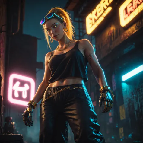 score_9,score_8_up,score_7_up,score_6_up, mechanical parts,  cyberpunk 2077, cyborg, reverb, music, cool,
ponytail, bangs, view from below,  cyberpunk, night time, fog,  bright lighting,  iridescent glow, glowing eyes, gold jewelry, earrings, stud earrings...