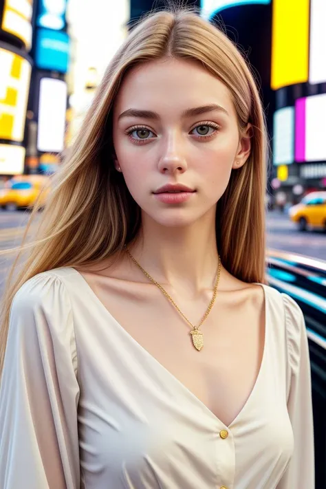 European woman, closeup, (shirt), pants, (times square), gold necklace , ZM_adriana, wide shoulders, perfect face, (contact iris: 1.1), pale skin, skin pores , depth of field