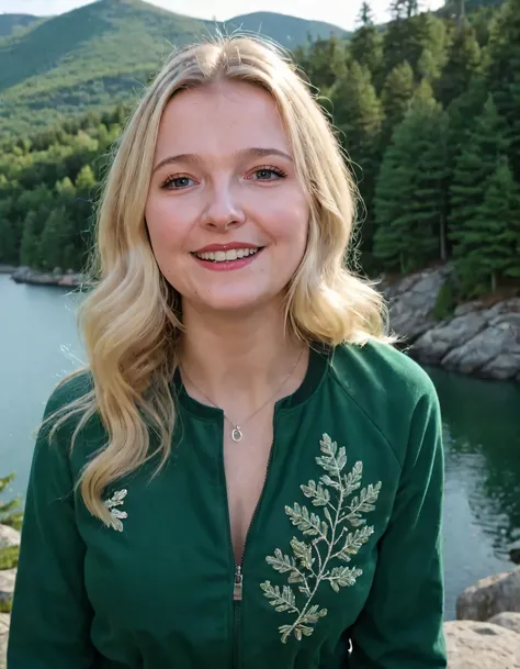 Ellie Sleightholm, the radiant 1girl with blonde locks and a subtle mole beneath her smiling lips, stood on a rocky outcropping overlooking a mesmerizing lake, framed by towering evergreen trees that mirrored their color, as she wore a stunning green jumps...