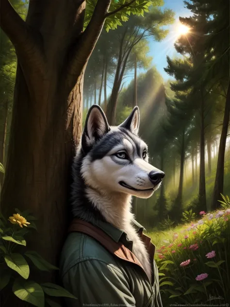 close-up portrait, clothed husky standing in the trees, forest, flowers, sun, sky clouds, by kenket, Tim Walker, John William Waterhouse