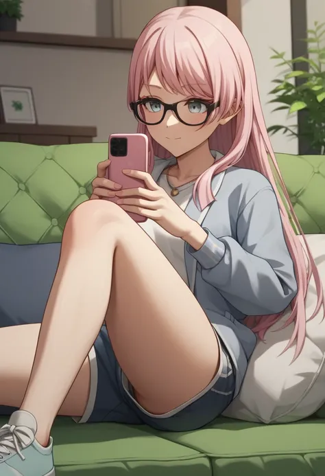 score_9,score_8_up,score_7_up,<lora:chihaya_anon_pony:1>,1girl, solo, 3d, glasses, shorts, cellphone, on_side, chihaya_anon, couch