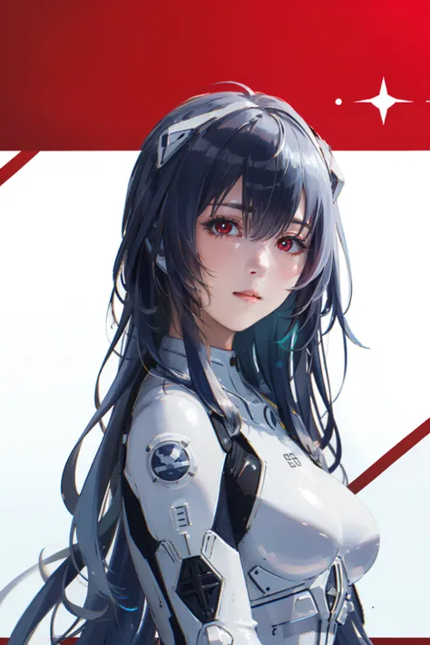 best quality, absurdres, masterpiece,
1girl, brown eyes,simple background, looking at viewer, parted lips,
upper body,
expressionless,
long_hair, starry_sky, bodysuit, ayanami_rei, solo, night_sky, red_eyes, red_background, breasts, white_bodysuit,  pilot_...