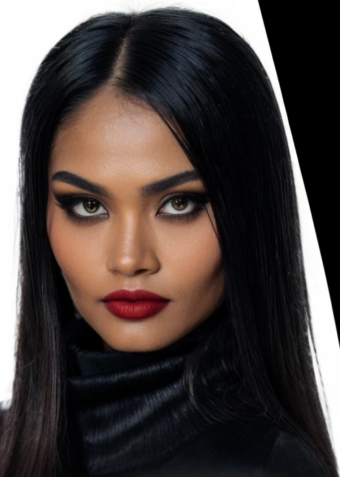 half body of A captivating masterpiece of an woman, (((dressed in a turtleneck Blouse))), The intricate lace and gold details exude a very rebellious aura. ((A bold and daring makeup look featuring ombre lips that transition from a deep, dark red at the ce...