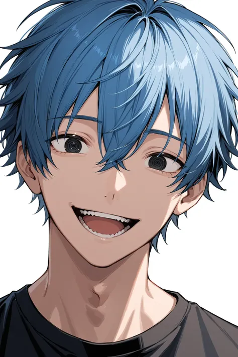 1boy, solo, :d, black eyes, black shirt, blue hair, hair between eyes, looking at viewer, male focus, open mouth, portrait, ringed eyes, shirt, short hair, simple background, smile, masterpiece, best quality