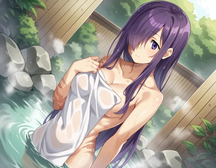 score_9, score_8_up, score_7_up, source_anime,
hanakoikezawa, <lora:hanako-ikezawa-ingame-ponyxl-lora-nochekaiser:1>,
hanako ikezawa, hair over one eye, long hair, purple eyes, purple hair, scar,
nude, naked, 
outdoors, onsen, towel, naked towel, steam, ba...