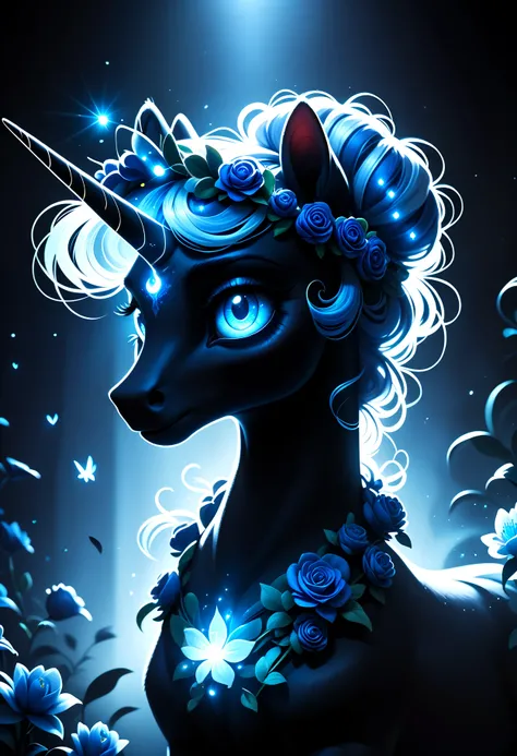 score_9, score_8_up, score_7_up, score_6_up, score_5_up, score_4_up, magical mystical glowing iridescent unicorn, flower crown, moonlight gardens, dark shadows, glowing in the dark,  bright colors, high contrast, dark background, vivid lighting, night gard...