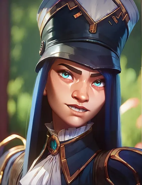 cat_k, <lora:caitlyn:0.8>, blue eyes, asian, 1girl, blue hair, long hair,uniform, cap, sleeves, gloves,  looking at viewer,  skinny body, score_9, score_8_up, score_7_up,score_9, score_8_up, score_7_up,