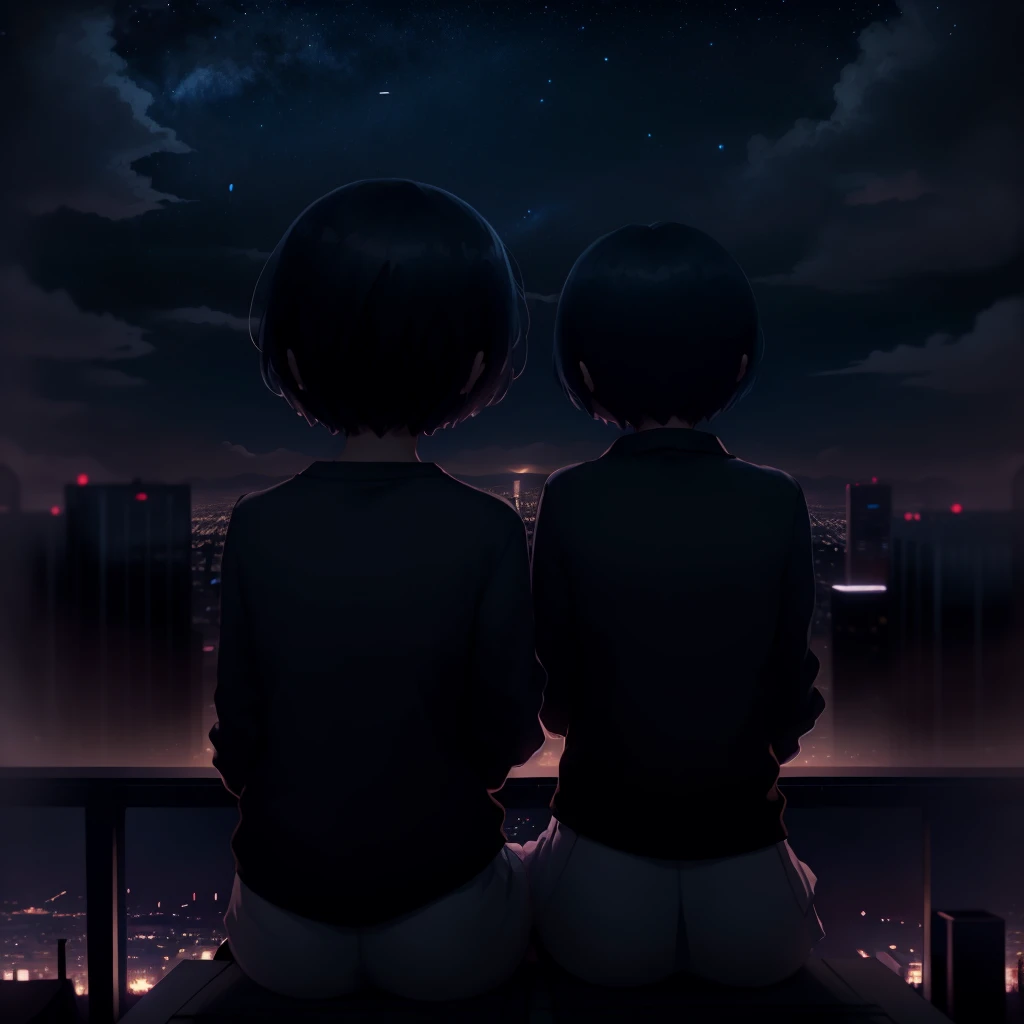 LowKeyLights,1girl,solo,short hair,skirt,shirt,black hair,long sleeves,sitting,sky,from behind,black shirt,night,white skirt,star (sky),starry sky,city,facing away,cityscape,
 <lora:low_key_lights_SD:0.8>