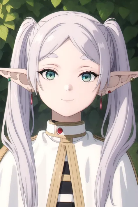 ((masterpiece)),(best quality),official art,extremely delicate and beautiful,extremely detailed CG,unity 8k wallpaper,ultra detailed,beautiful detailed eyes,extremely detailed face,outdoors,1girl,solo,upper body,(portrait:1.5),looking at viewer,facing viewer,smile,elf,long hair,grey hair,twintails,pointy ears,earrings,jewelry,sidelocks,parted bangs,thick eyebrows,short eyebrows,aqua eyes,white capelet,striped shirt,white dress,long sleeves,belt buckle,black pantyhose,brown boots,<lora:Frieren(snf)>,