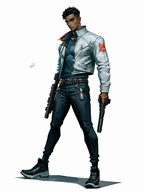 HEZI,Valenlott style,European and American cartoon character design,cutting,dividing,angular,features,1boy,weapon,solo,gun,male focus,jacket,holding weapon,holding gun,shoes,holding,white background,handgun,dark skin,pants,black hair,dark-skinned male,snea...