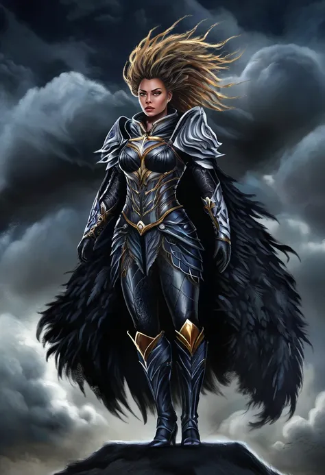 Evil Valkyrie portrait styled in high-fashion armor, under stormy night sky, digital painting, tags: stormy night, Valkyrie, high-fashion, evil look, Louis Vuitton armor, dramatic, clouds, dark atmosphere, glowing elements, intricate design, fierce express...