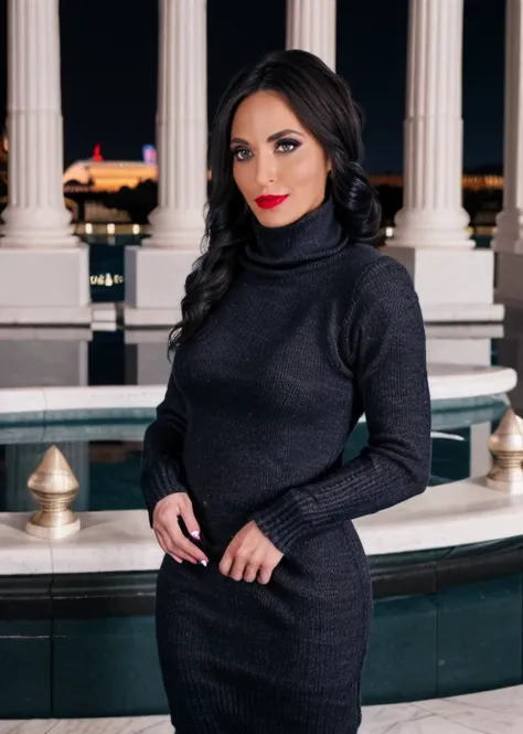 RAW photo at night, full body shot of a woman, dark lips, long eyelashes, dark make-up, dressed in a ((knitted turtleneck dress:1.3)), background is the fountain of the Caesars Palace in Las Vegas, soft light, ultra detailed background, detailed, sharp foc...