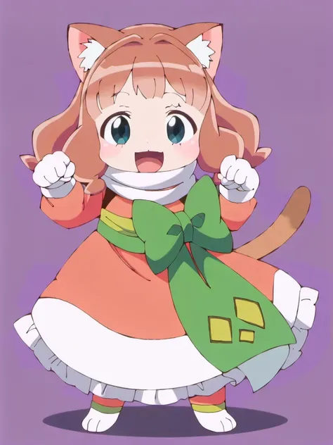 source_anime, score_9, best quality, masterpiece, 1girl, solo, <lora:Nefertima_PonyXLv3-000007:1> nefertima-nema, standing, (simple background:1.2), shortstack, chibi, cat ears, cat tail, paw pose, big smile, :3