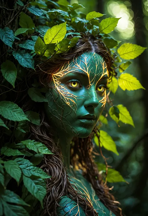 macro shot of a glowing forest spirit, leafy appendages outlined with veins of light, eyes a deep, enigmatic glow amidst the foliage.