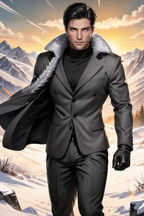 male, black short hair, grey eyes, clothes in modern male suit, comics book store style, action pose, winter nature background  <lora:Dima XL:0.7> dima