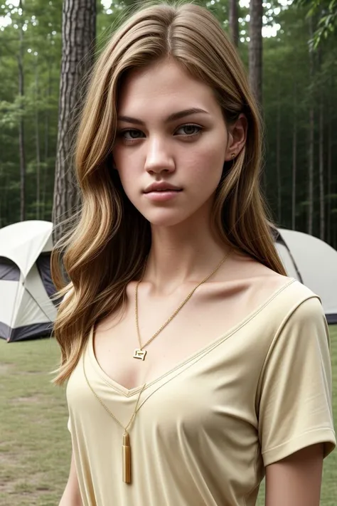 European woman, closeup, (shirt), pants, (koa campground), gold necklace , ZM_eilish, wide shoulders, perfect face, (contact iris: 1.1), pale skin, skin pores , depth of field