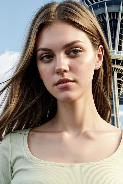 European woman, closeup, (shirt), pants, (seattle space needle), (), ZM_eilish, wide shoulders, perfect face, (contact iris: 1.1), pale skin, skin pores , depth of field