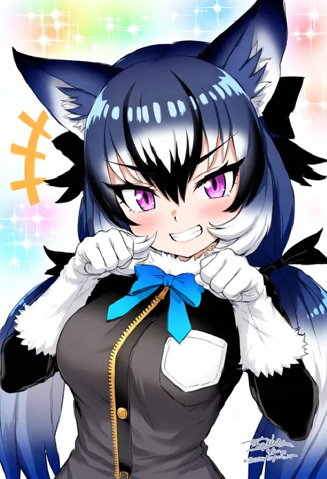 1girl, 
dire wolf (kemono friends), kemono friends, 
very long hair, blue bow, smile, gloves, breast pocket, bow, multicolored hair, solo, blush, animal ears, blue hair, purple eyes, dress shirt, black sleeves, white background, bowtie, paw pose, black bow...