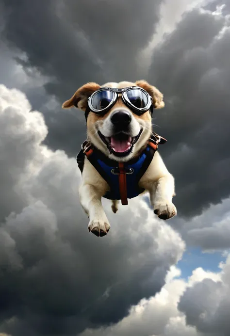 sky diving Pooch, digital art, aviator goggles, storm clouds with lighting