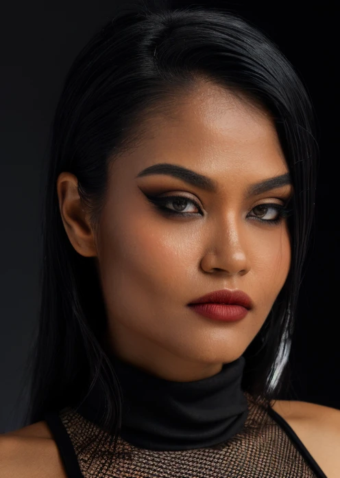 half body of A captivating masterpiece of an woman, (((dressed in a turtleneck Blouse))), The intricate lace and gold details exude a very rebellious aura. ((A bold and daring makeup look featuring ombre lips that transition from a deep, dark red at the ce...