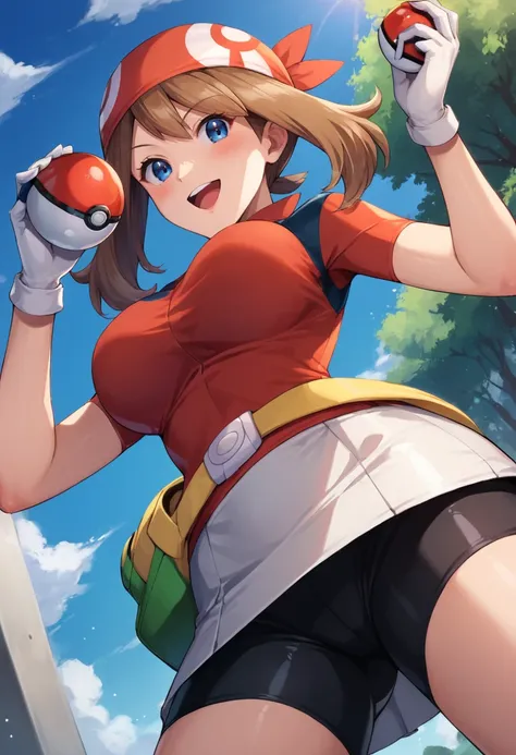 masterpiece,best quality, highly detailed, score_9, score_8_up, score_7_up, score_6_up,<lora:xl_more_art-full_v1:0.8>,source_anime,
BREAK
 <lora:mayXL:0.8>may, 1girl, may (pokemon), breasts, solo, blue eyes, holding poke ball, large breasts, brown hair, gl...