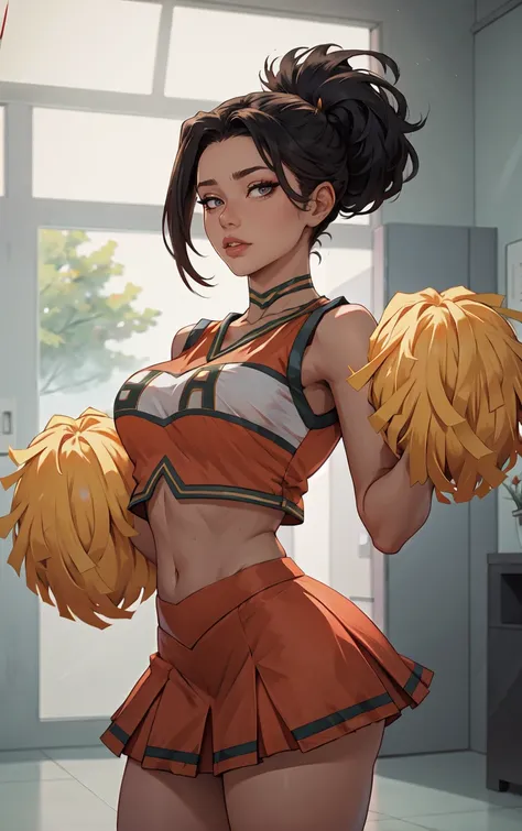 ((masterpiece, best quality)), insaneres, absurdres, solo, looking at viewer, 
Cheering_UA_CheerleaderUniform_ownwaifu, 
cheering, cheerleader, (holding pom poms), pom pom (cheerleading), 
1girl, black hair, medium breasts,
choker, orange shirt, orange ski...