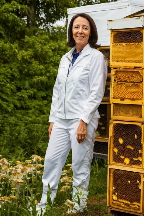 maria cantwell <lora:senate_094_maria_cantwell:0.65> , face closeup, face focus, shirt, formal, suit, collared shirt, white shirt, jacket,
Wearing a beekeeper suit, standing in an apiary with bee hives around, holding a giant honeycomb, "Honey Pot Funds",
...