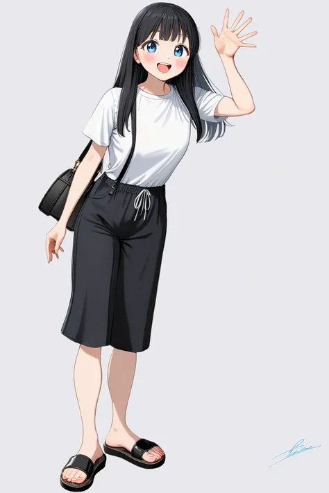 hiro style,white_background,1girl, solo, black hair, white background, full body, pants, shirt, simple background, long hair, smile, open mouth, black pants, blue eyes, white shirt, arm up, looking at viewer, sandals, bag, signature, blush, short sleeves, ...