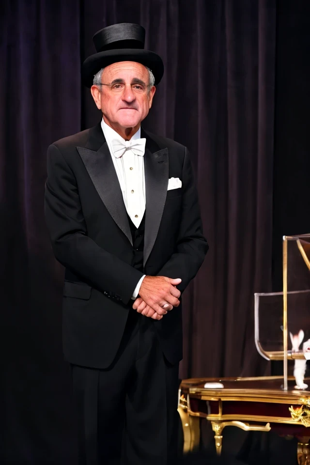 jim risch <lora:senate_024_jim_risch:0.65> , face closeup, face focus, shirt, formal, suit, collared shirt, white shirt, jacket,
Dressed in a magicians outfit with a top hat, standing in front of a stage,  rabbit out of a hat,
best quality, masterpiece, HD...