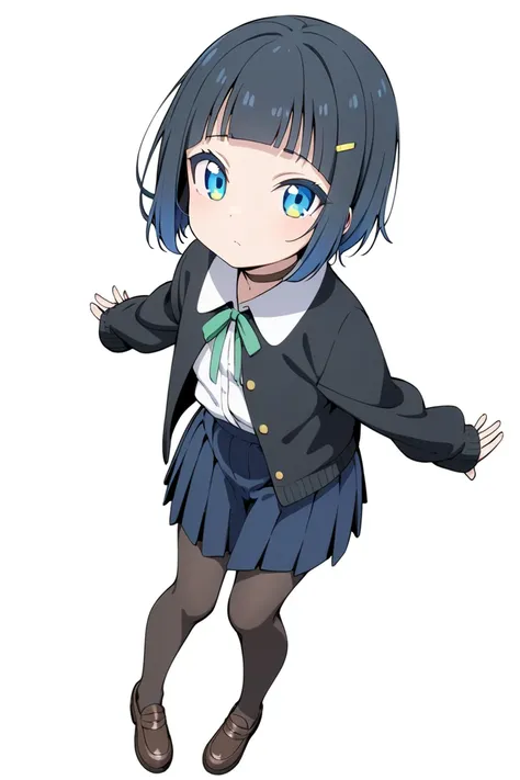 shinonome akira,1girl, solo, blue eyes, sleeves past wrists, skirt, simple background, shirt, white background, jacket, blue skirt, closed mouth, choker, looking at viewer, white shirt, hair ornament, open clothes, black jacket, bangs, short hair, hairclip...