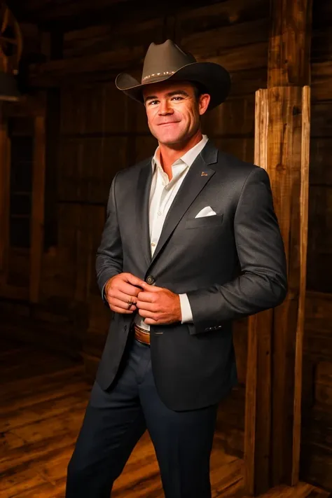 todd young <lora:senate_027_todd_young:0.65> , face closeup, face focus, shirt, formal, suit, collared shirt, white shirt, jacket,
Dressed in cowboy attire with a ten-gallon hat and cowboy boots, standing in front of a Western saloon, lasso or branding iro...