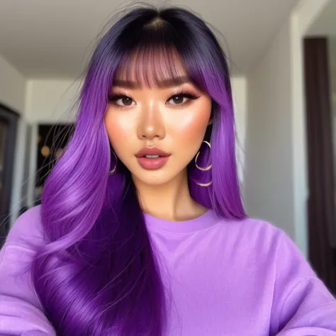 asian girl with hair   purple long with bang , light skin , makeup ,instagram , influencer , beautifull realstic XL