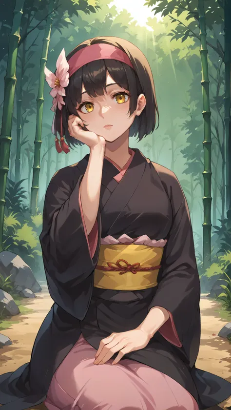 score_9,score_8_up,score_7_up,score_6_up, source_anime, zPDXL, <lora:Mio - Pony-000004:0.8>, woman, short black hair, pink headdress, yellow eyes, black kimono, yellow obi, <lora:Wakfu_CartoonV02:0.5>, <lora:xl_more_art-full_v1:0.5>, (resting head on hands...