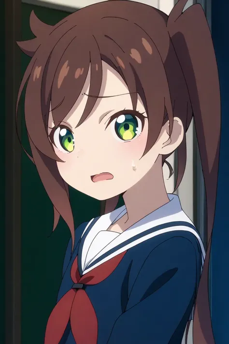 chikura shizuru,1girl, green eyes, solo, brown hair, looking at viewer, open mouth, school uniform, sweatdrop, sailor collar, serafuku, twintails, shirt, bangs, from side, upper body
 <lora:chikura shizuru A31 e1:0.85>