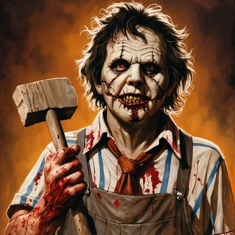 Leatherface, a character from the Texas Chainsaw Massacre, is depicted with a disfigured face, holding a wooden mallet and wearing a striped shirt with a blood-stained tie. The background is a warm, dark orange, adding to the intense atmosphere. The artwor...